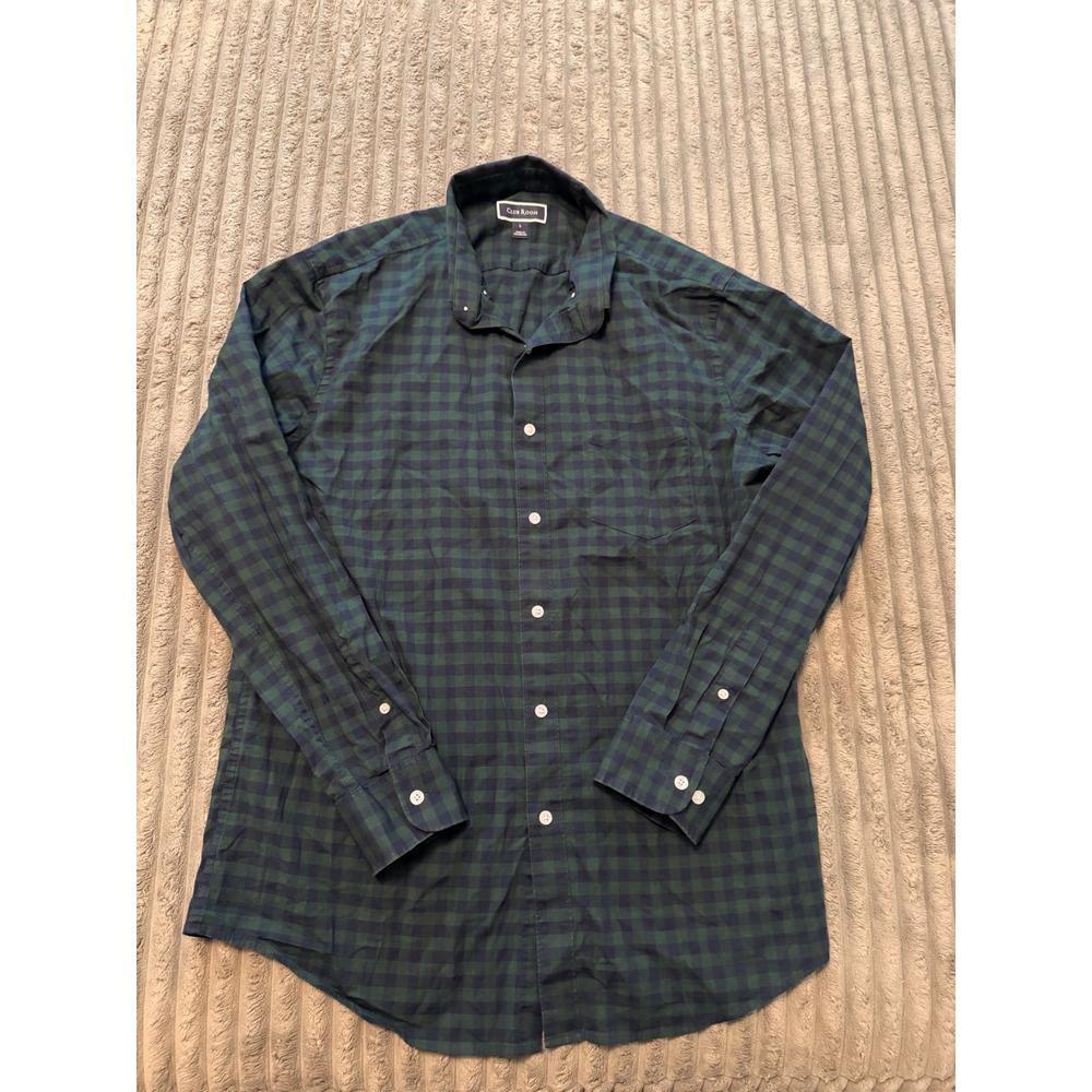 Club Room Mens Large Green Navy Blue Gingham Plaid Button Down Shirt Long Sleeve
